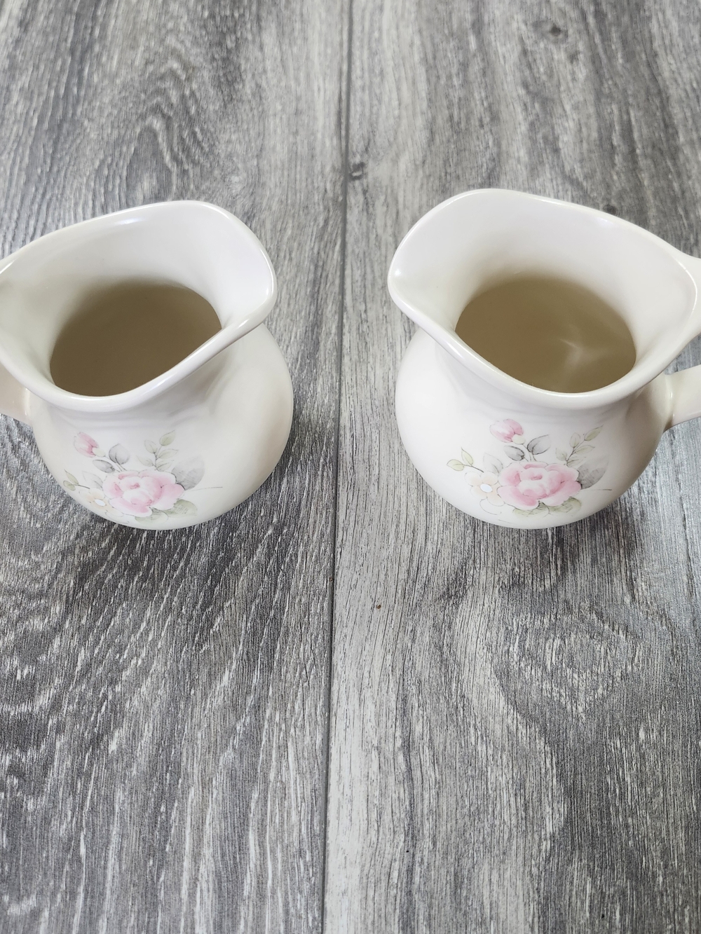 2 White Porcelain Floral Creamer Pitcher - Pink Rose Design